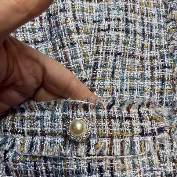Nanette Lepore Nora‎ Boucle Jacket Womens L Blue Metallic Tweed Pearl Buttons - Picture 8 of 11